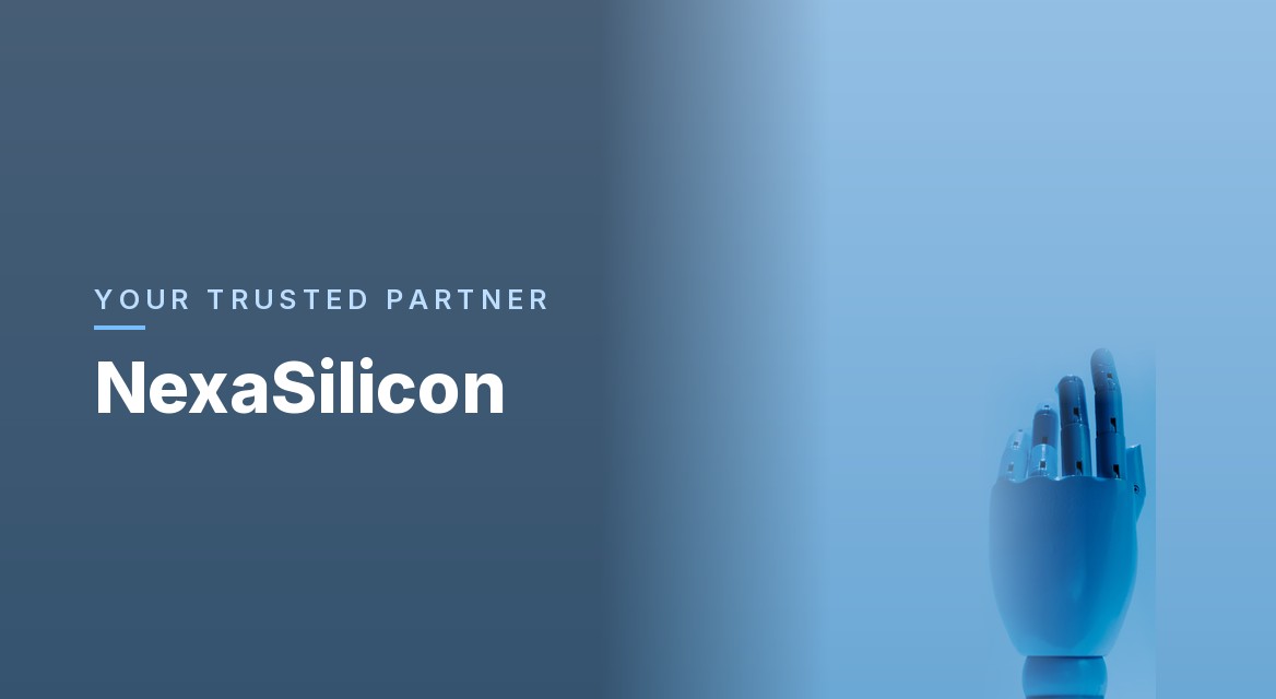 A robotic hand reaching up toward a glowing, slowly pulsing NexaSilicon mark — Your Trusted Partner, NexaSilicon